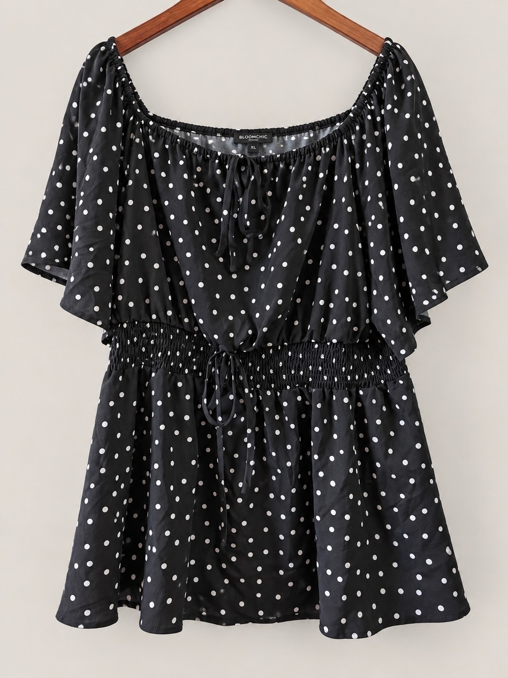 Bloomchic Black Polka Dot Off-Shoulder Smocked Waist Top